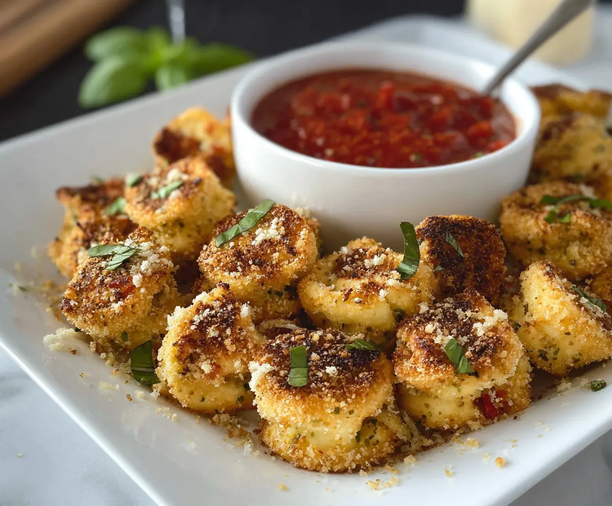 Delicious Parmesan Crusted Tortellini Bites served with fresh herbs and marinara sauce.
