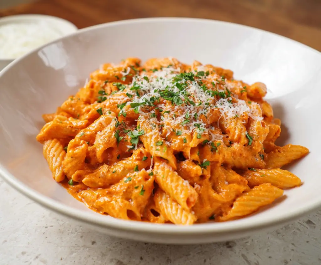 Creamy Pasta Alla Vodka dish in a white bowl with pasta, vodka sauce, and garnished herbs.