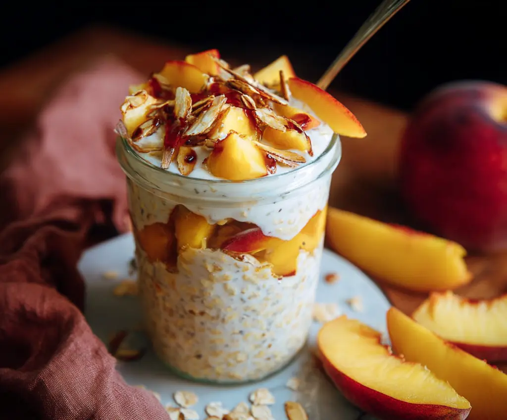 Creamy overnight oats topped with fresh peaches and a drizzle of honey, perfect for a healthy breakfast.