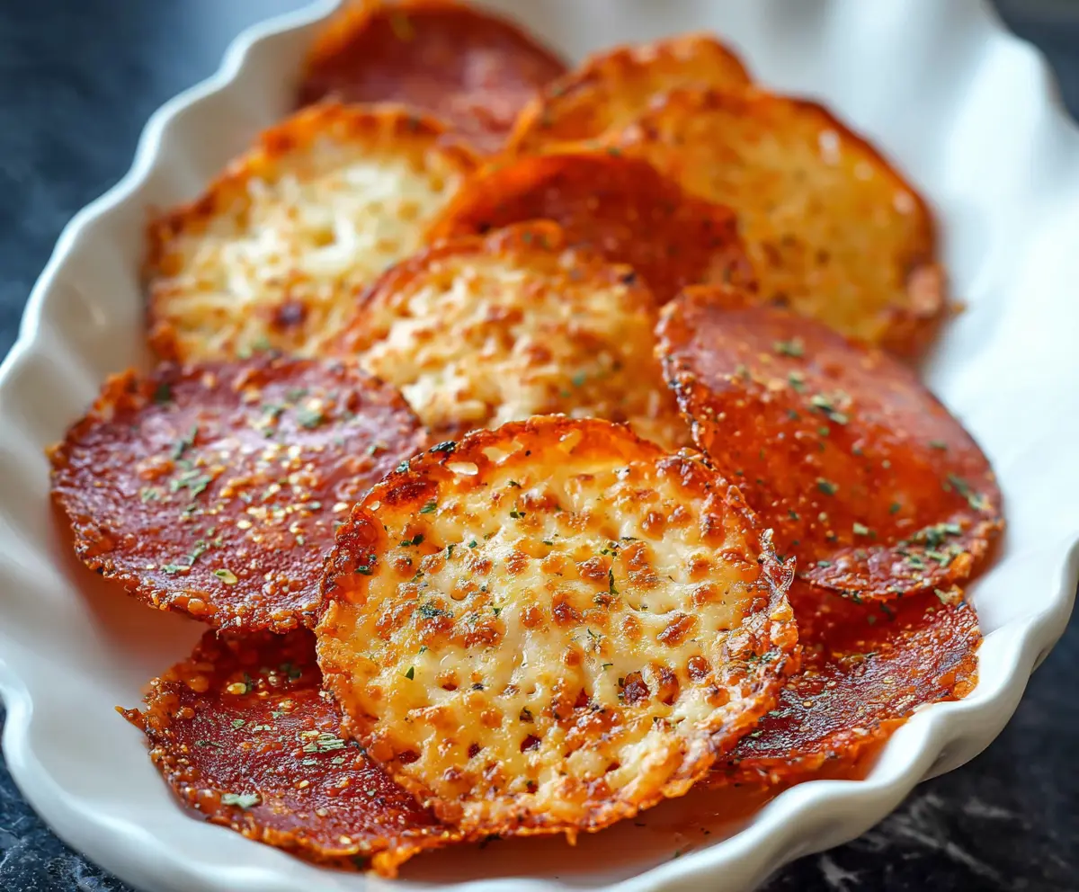 Crunchy pepperoni and cheese chips served as a savory snack or appetizer.