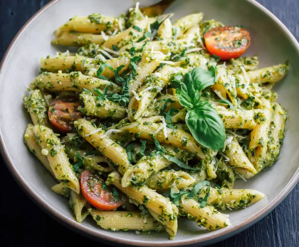Delicious pesto penne pasta garnished with fresh basil on a white plate