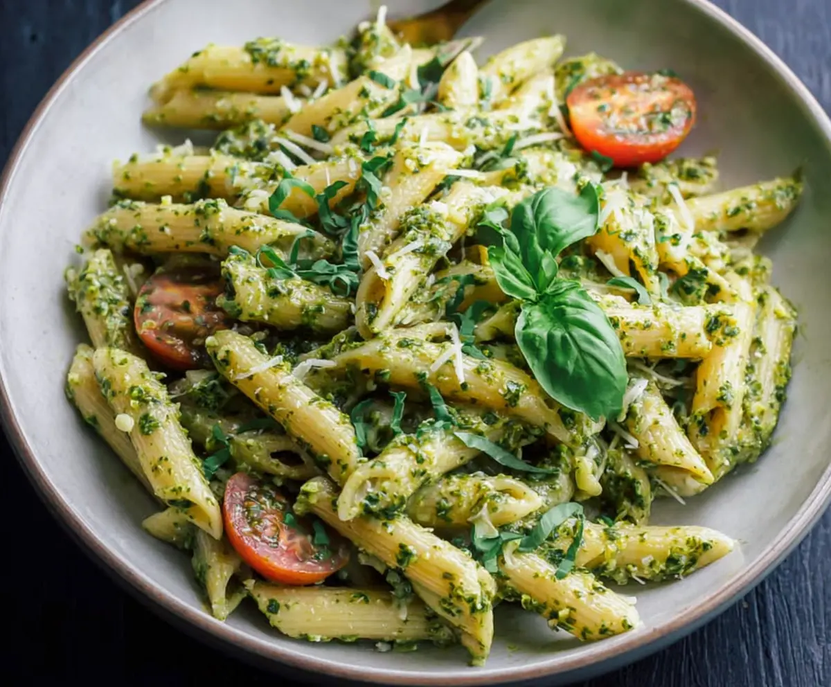 Delicious pesto penne pasta garnished with fresh basil on a white plate