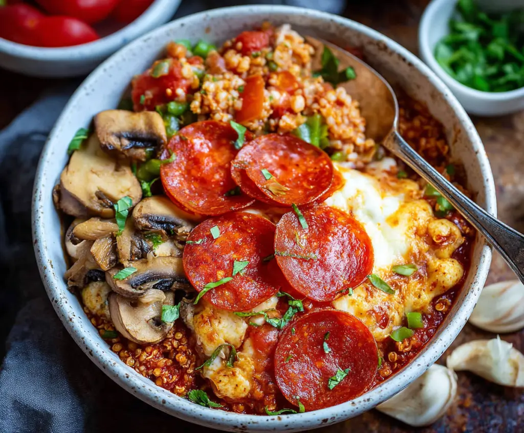 Delicious Pizza Protein Bowl with fresh vegetables, chicken, and melted cheese in a vibrant bowl.