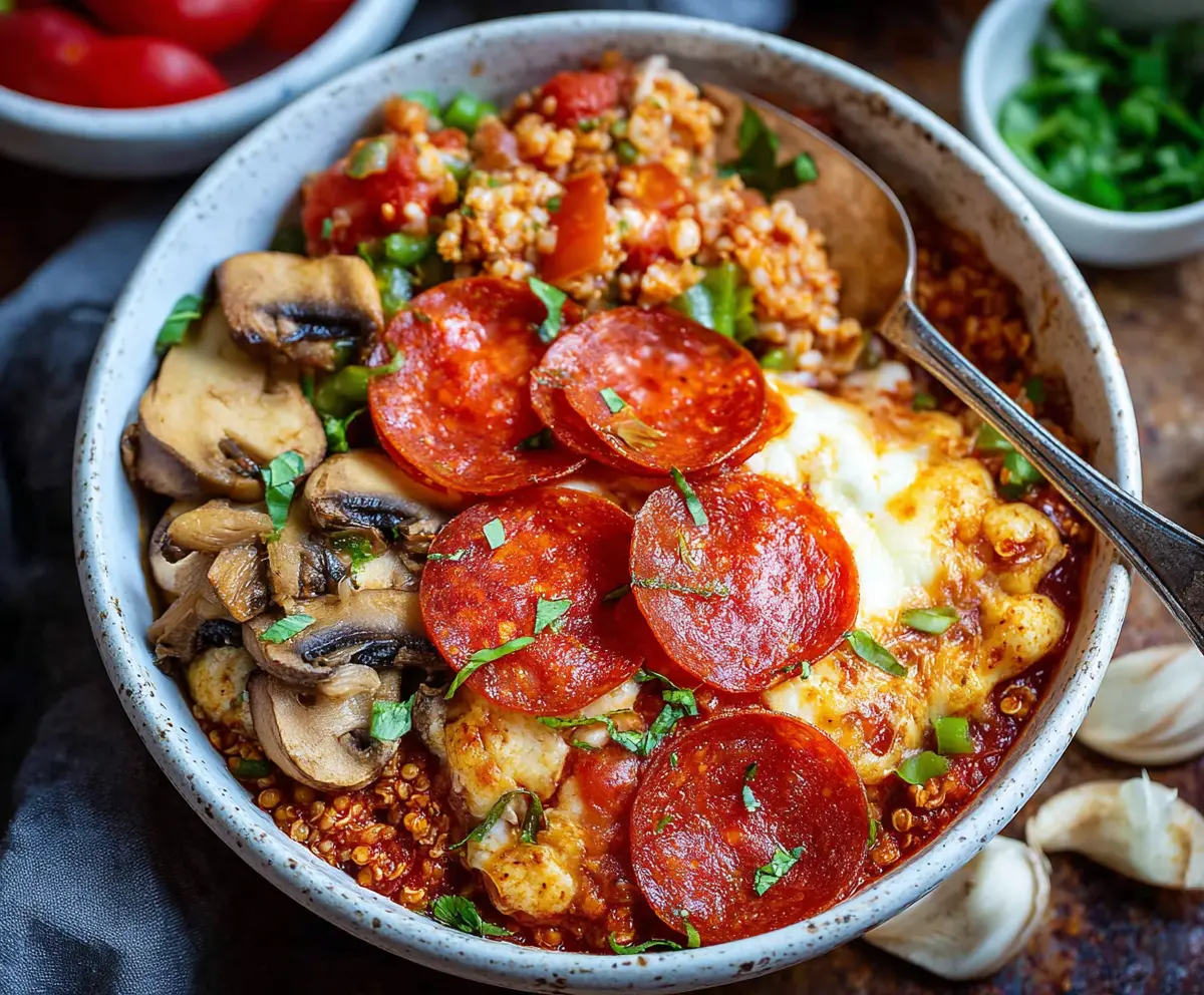 Delicious Pizza Protein Bowl with fresh vegetables, chicken, and melted cheese in a vibrant bowl.