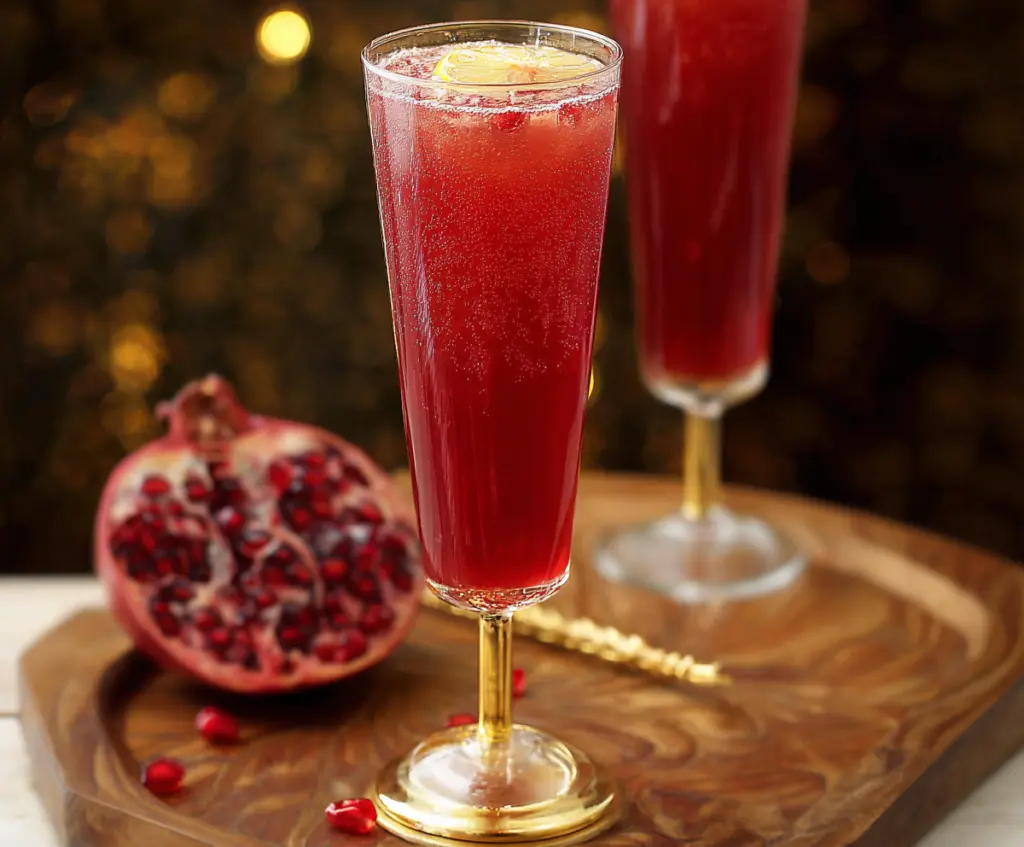 Refreshing Pomegranate Ginger Sparkler in a tall glass with fresh pomegranate seeds and a ginger slice garnish.