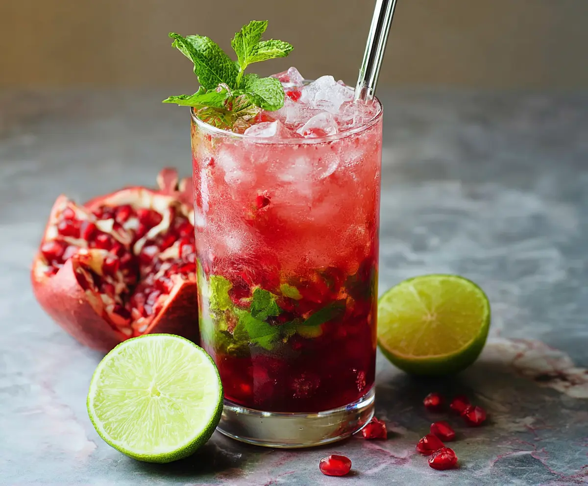 Refreshing pomegranate mojito cocktail with fresh mint and lime in a clear glass.