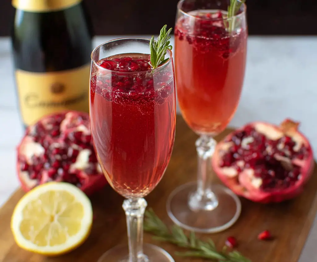 Refreshing Pomegranate Prosecco Cocktail served in a elegant glass with garnished pomegranate seeds.