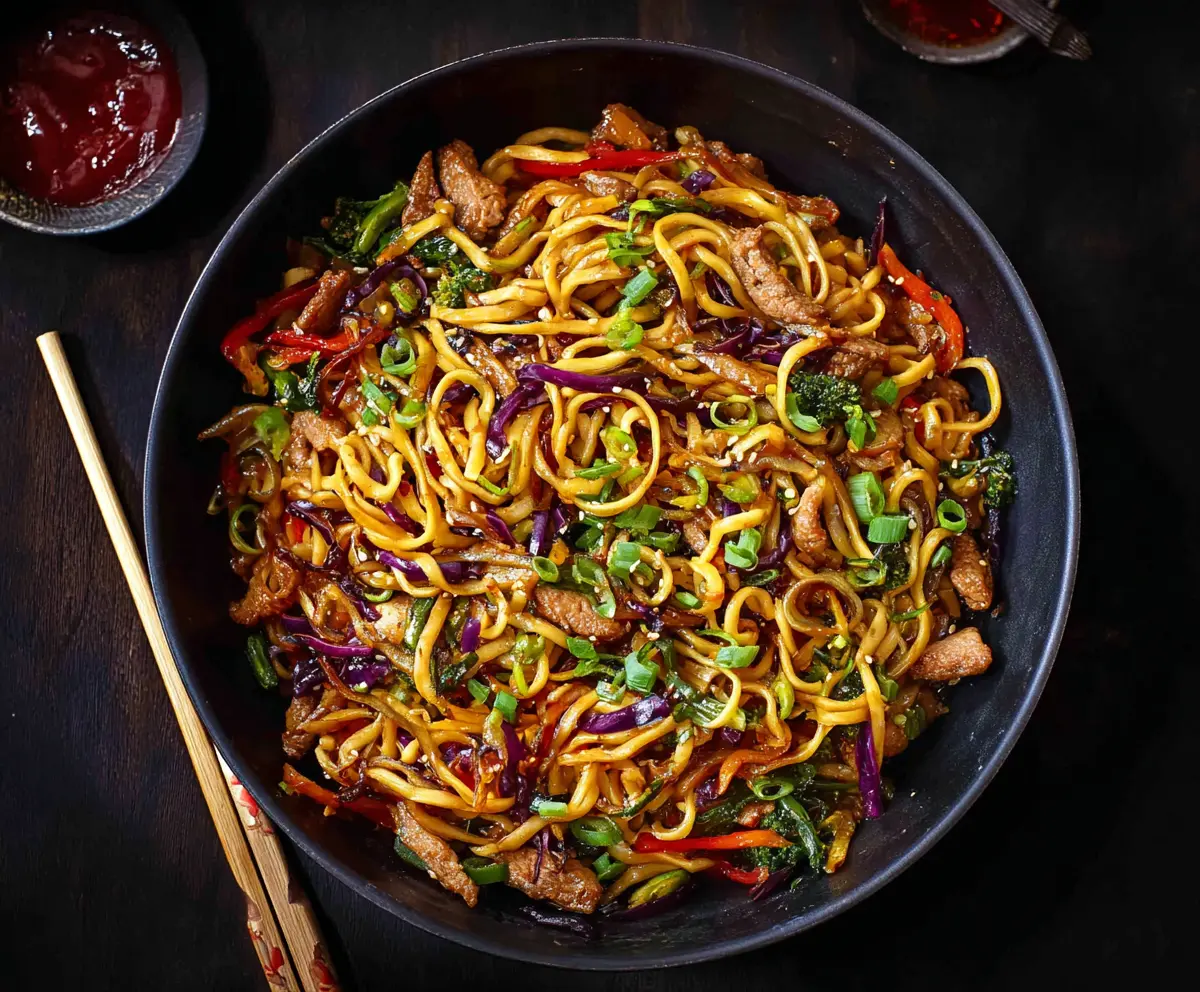 Delicious pork stir fry noodles with colorful vegetables and savory sauce