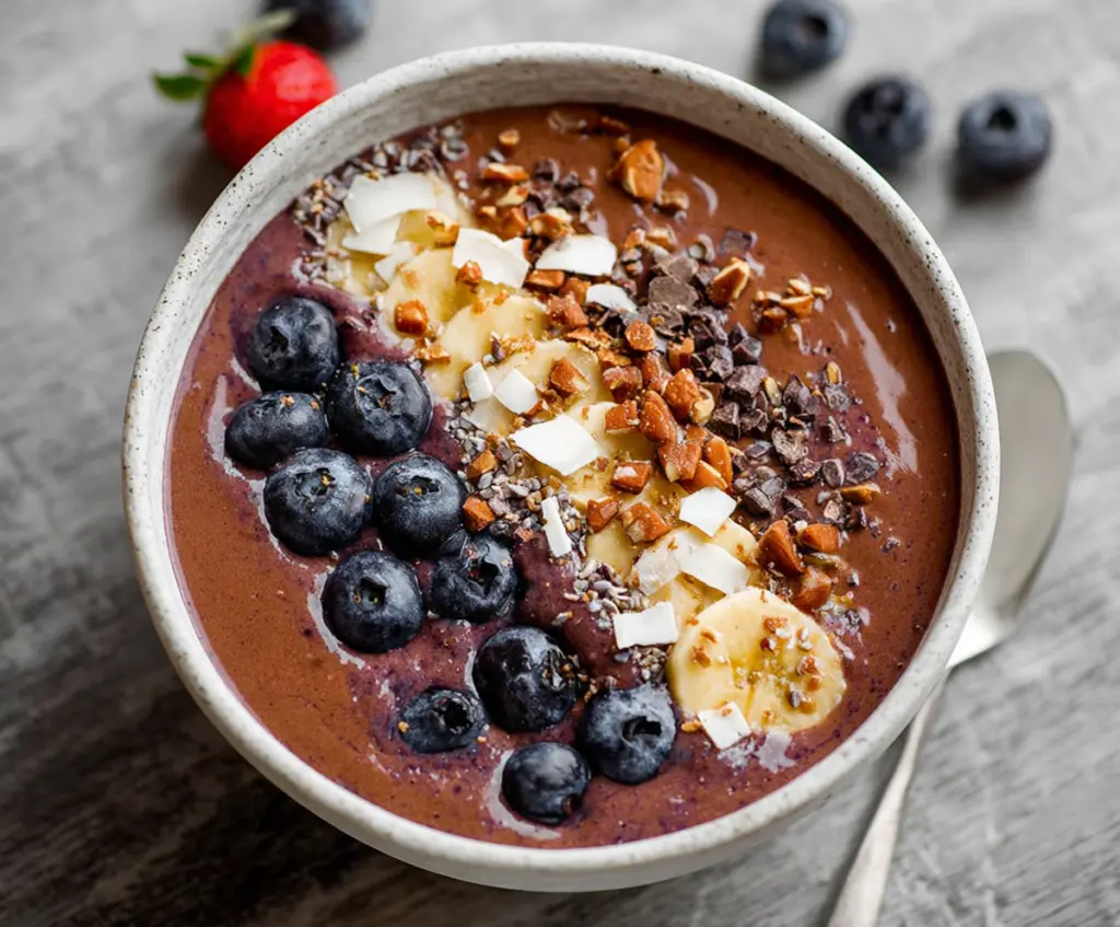Healthy protein smoothie bowl topped with fresh fruits and granola for a nutritious breakfast.
