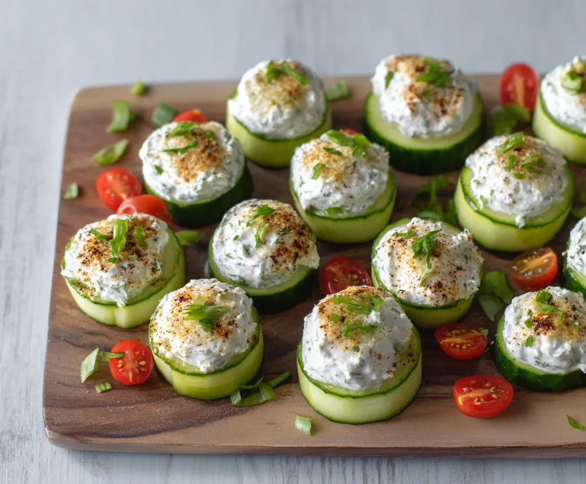 Fresh Ranch Cucumber Bites with creamy dip and herbs, perfect for appetizers or snacks