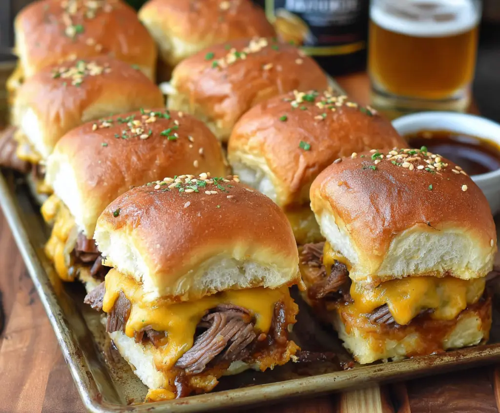 Delicious roast beef and cheddar sliders on a serving plate, perfect for a tasty appetizer or lunch