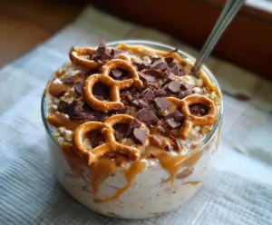 Creamy Salted Caramel Pretzel Overnight Oats topped with crushed pretzels and a drizzle of caramel sauce for a delicious breakfast.