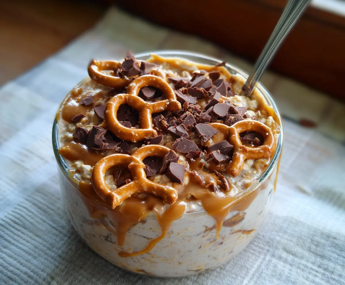 Creamy Salted Caramel Pretzel Overnight Oats topped with crushed pretzels and a drizzle of caramel sauce for a delicious breakfast.