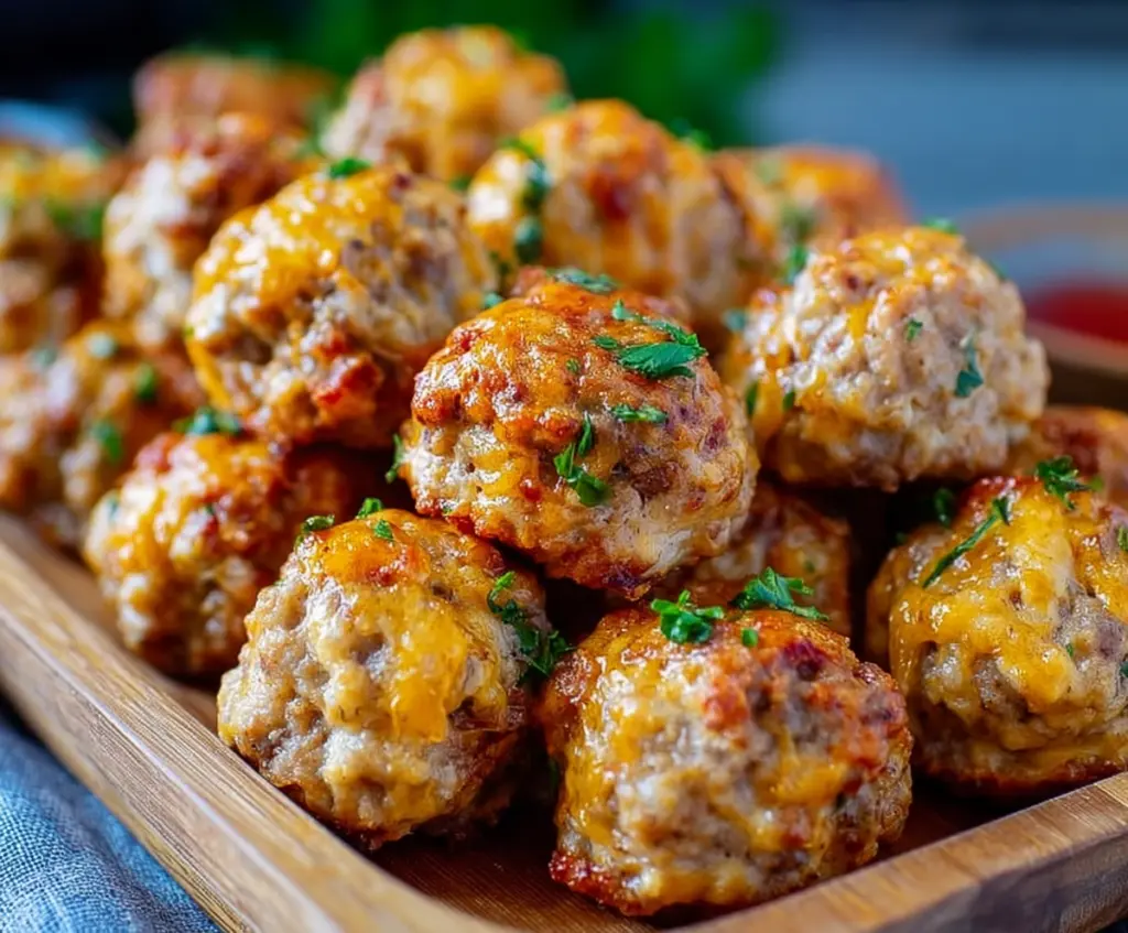 Delicious homemade sausage balls, golden brown and perfect for breakfast or snack time.
