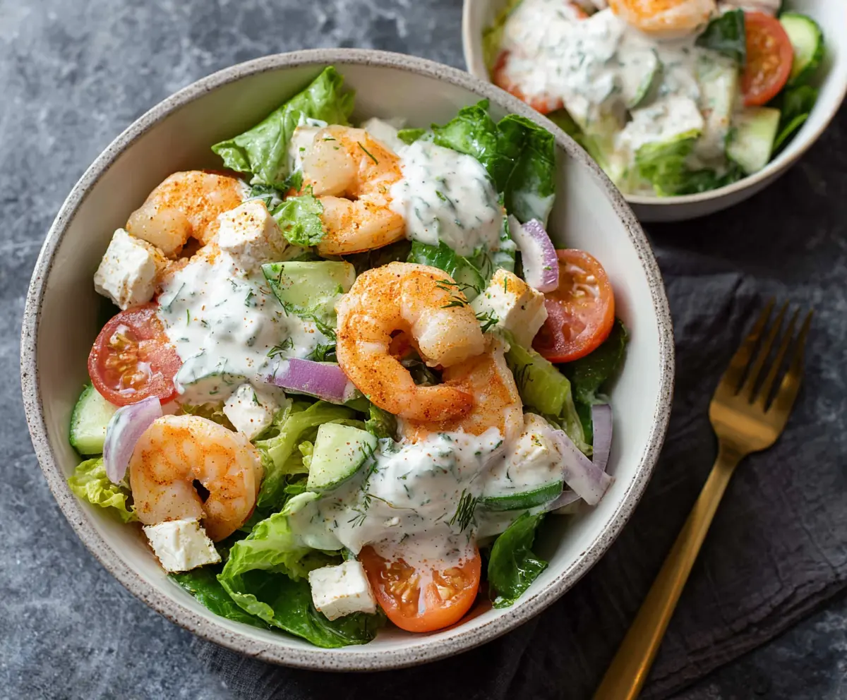 Fresh shrimp salad with creamy yogurt dressing served in a bowl for a healthy meal