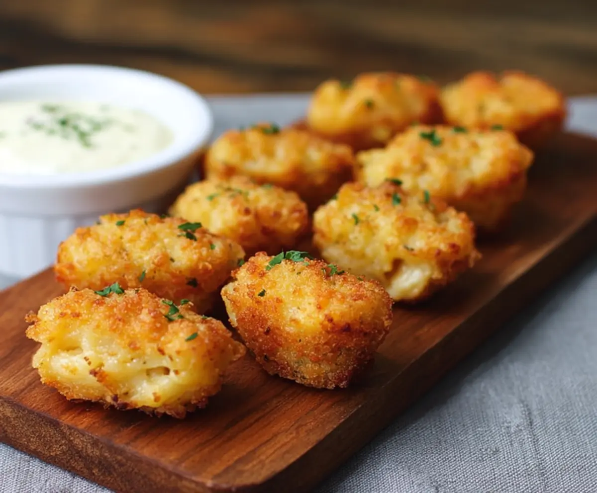 Delicious smoked Gouda mac and cheese bites served on a rustic plate, perfect for snack or appetizer.