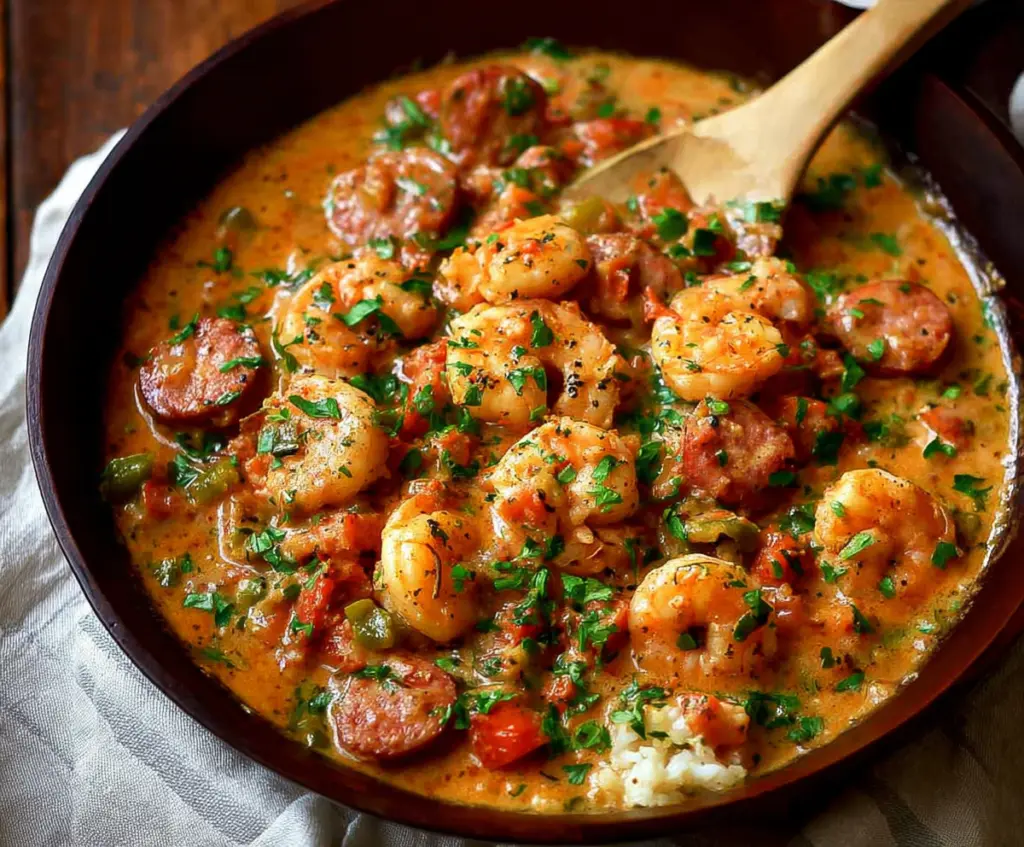 Delicious smothered shrimp and sausage served with flavorful garnishes on a rustic plate.