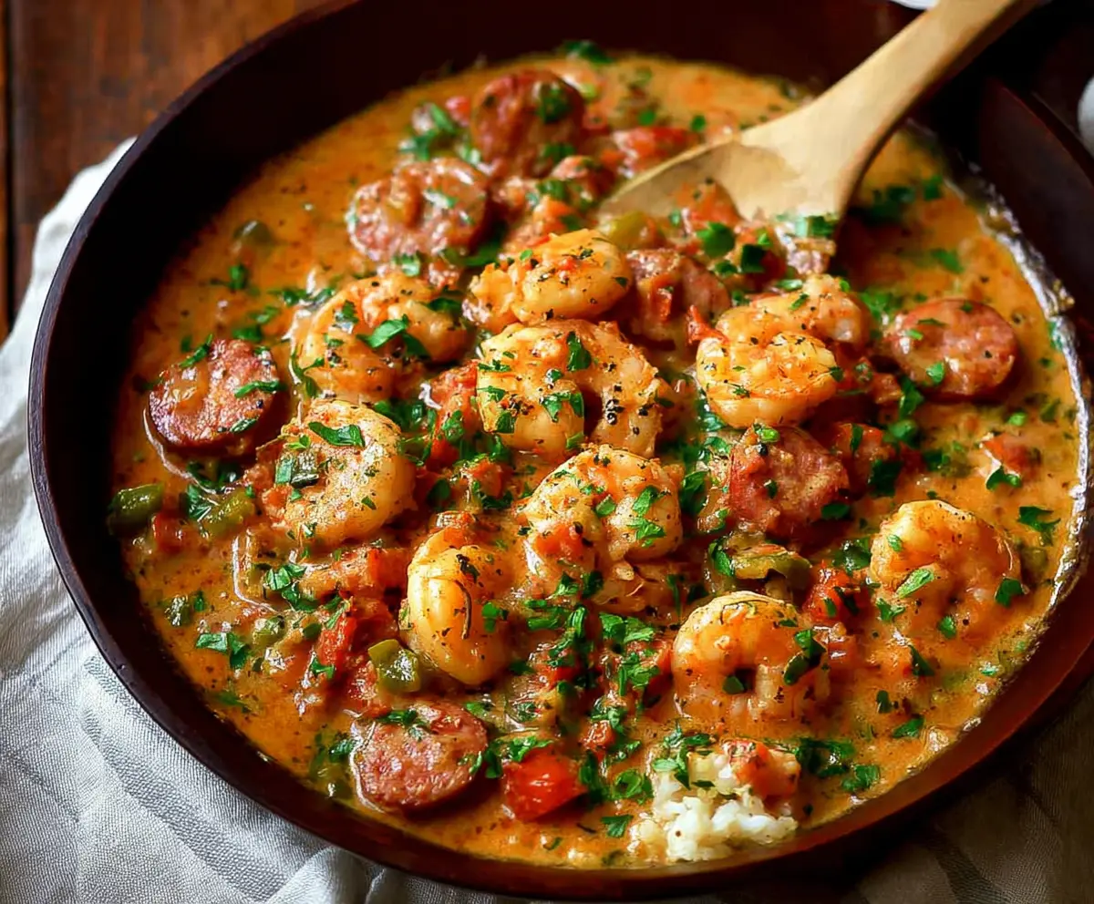 Delicious smothered shrimp and sausage served with flavorful garnishes on a rustic plate.
