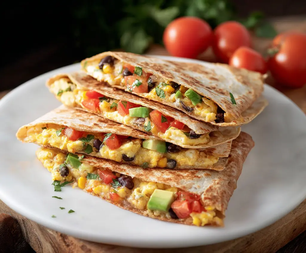 Southwest breakfast quesadilla filled with cheese, eggs, peppers, and spices on a plate.