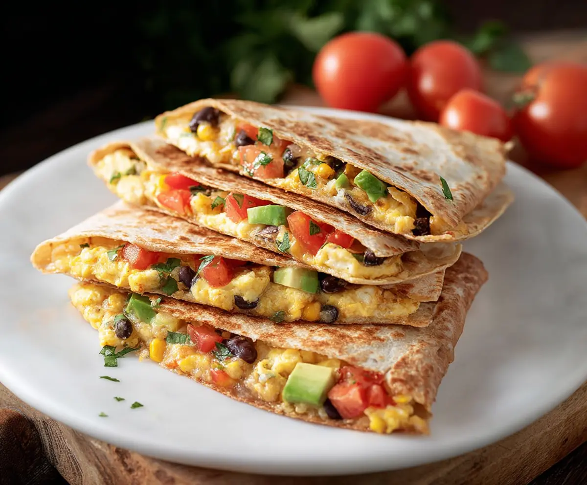 Southwest breakfast quesadilla filled with cheese, eggs, peppers, and spices on a plate.