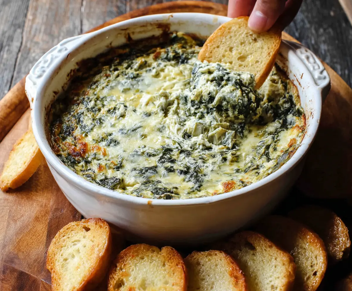 Creamy spinach and artichoke dip served with toasted bread slices
