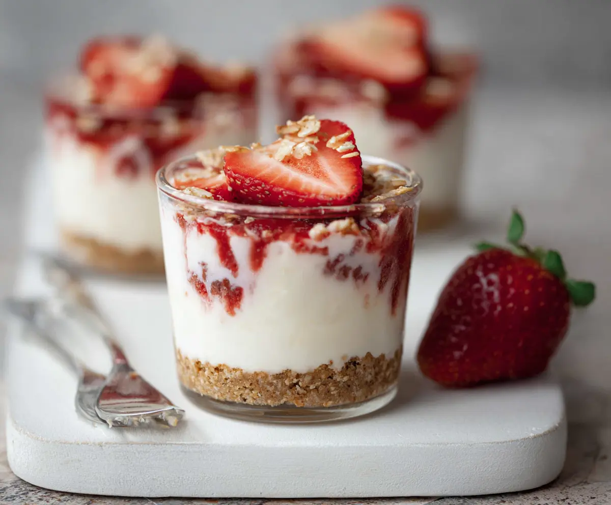 Delicious Strawberry Cheesecake Protein Cups topped with fresh strawberries and a creamy cheesecake filling.