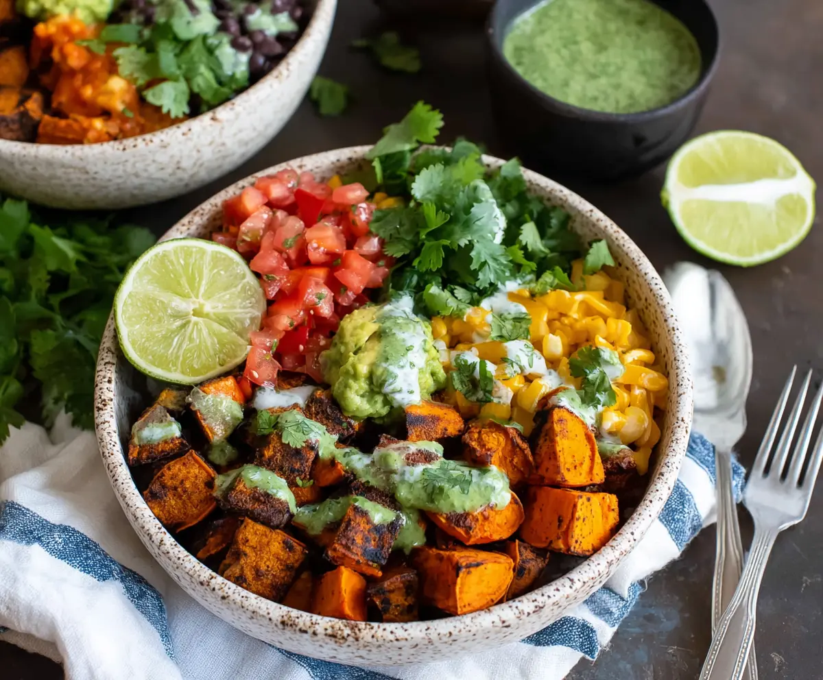 Colorful sweet potato taco bowls topped with fresh avocado and cilantro on a white plate.