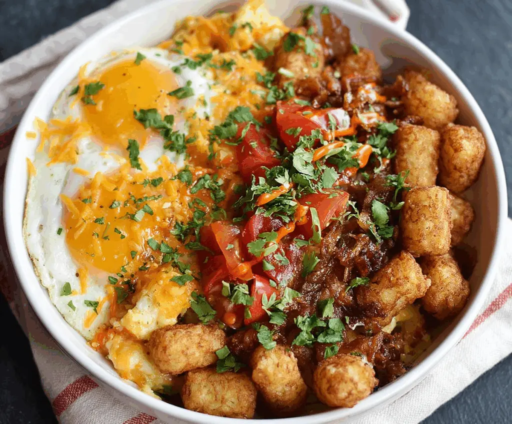 Delicious Tater Tot Breakfast Bowl with eggs, cheese, and fresh herbs served in a bowl.