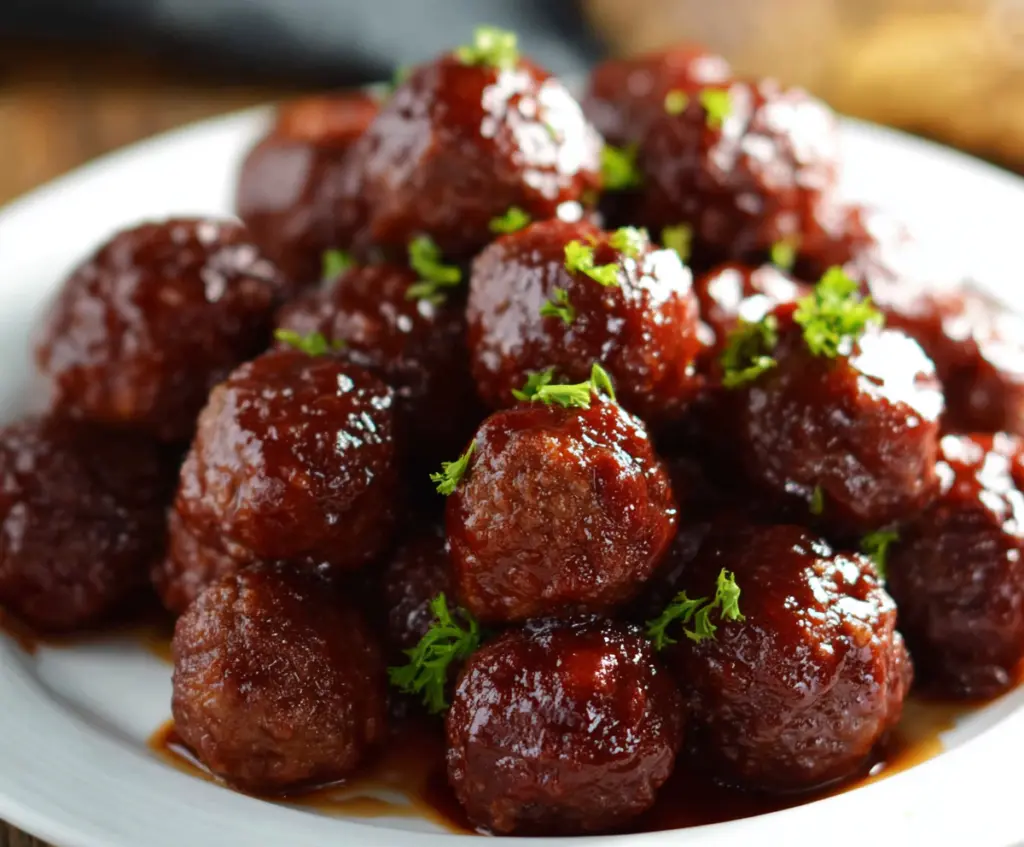 Delicious homemade BBQ meatballs cooked in a crockpot with just three ingredients.
