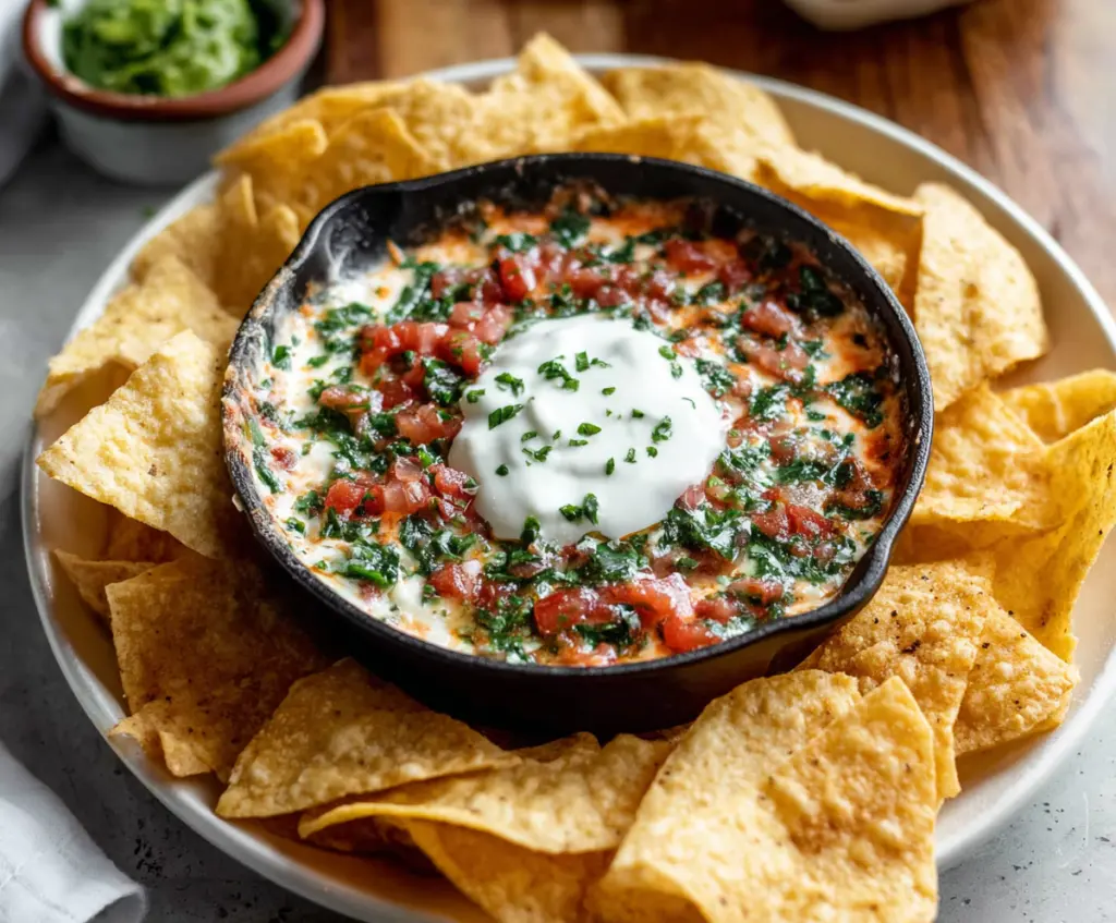 Delicious 54th Street Gringo Dip with melted cheese, green chilies, and flavorful spices served as a tasty appetizer.
