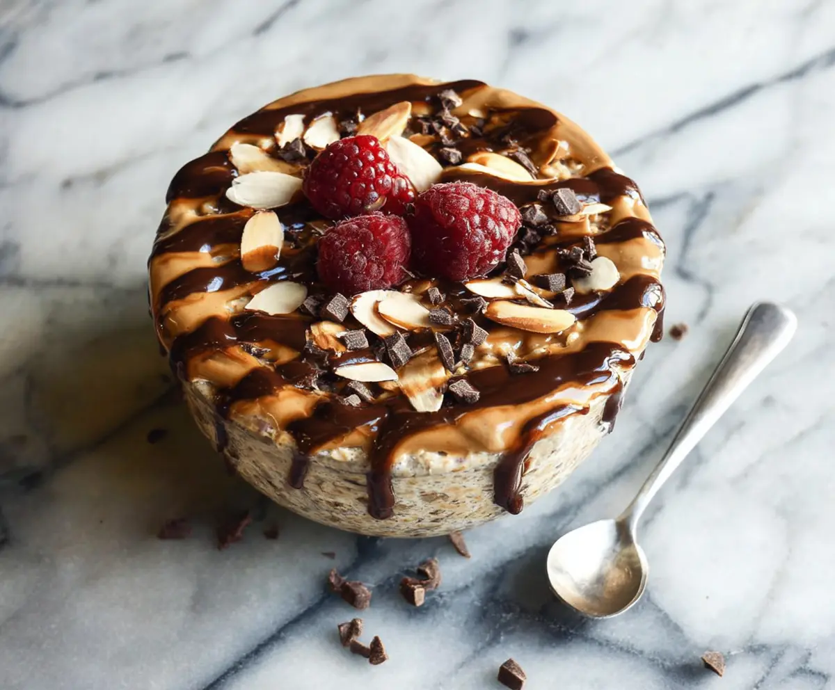 Creamy almond and dark chocolate overnight oats in a glass jar with fresh almonds and chocolate shavings.