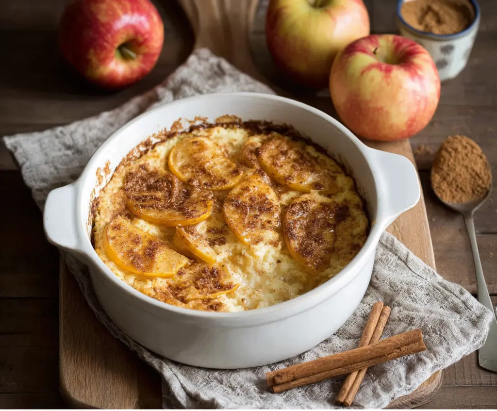Delicious Apple Cinnamon Cottage Cheese Bake served in a baking dish, perfect for breakfast or dessert.