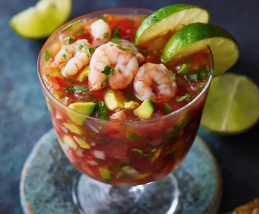 Delicious authentic Mexican shrimp cocktail with fresh shrimp, tangy salsa, and garnishes in a glass bowl