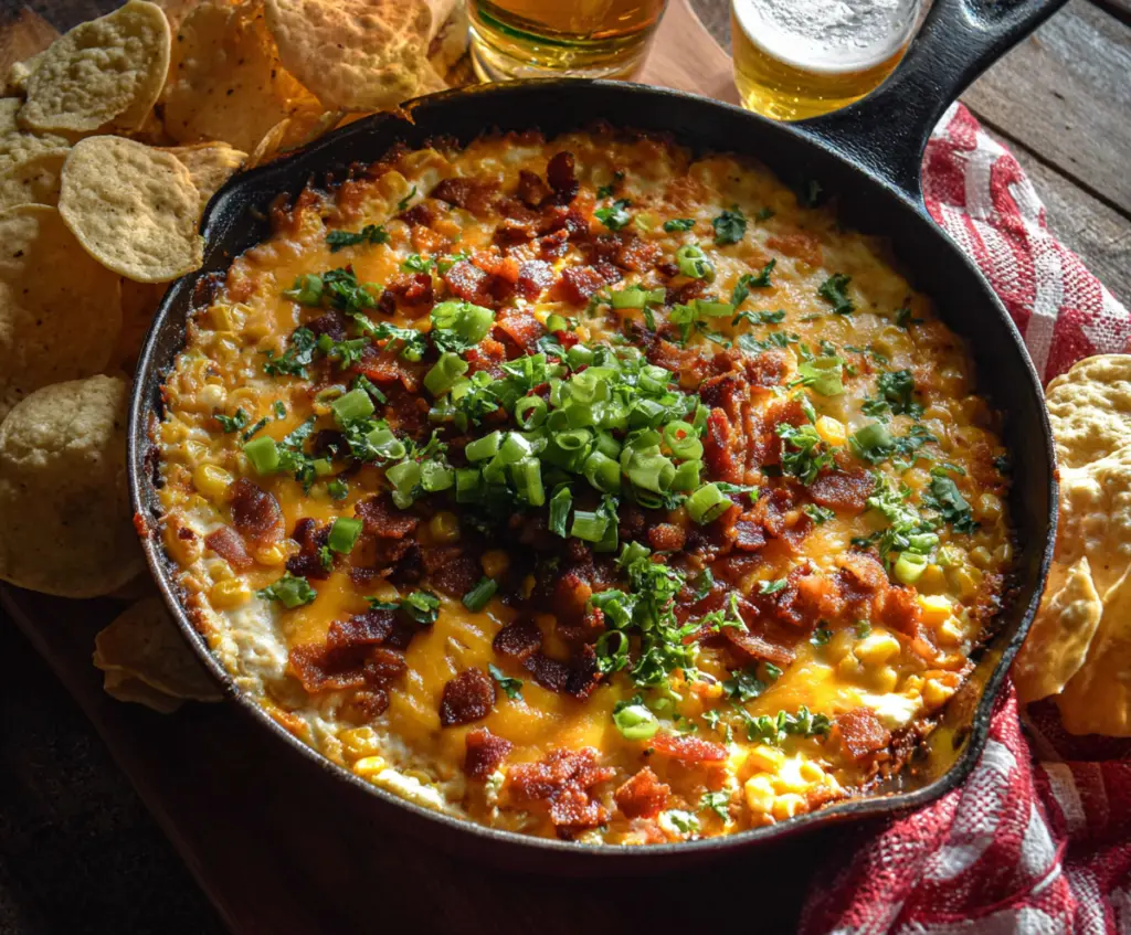 Delicious Bacon Bliss Hot Corn Dip served in a bowl with crispy bacon and melted cheese topping.