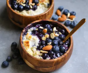 Delicious baked blueberry cottage cheese breakfast bowls served in a bowl with fresh blueberries.