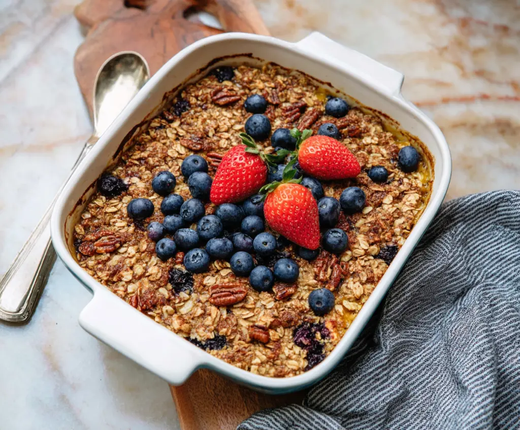 Delicious baked breakfast oatmeal topped with fresh berries and nuts in a bright kitchen setting