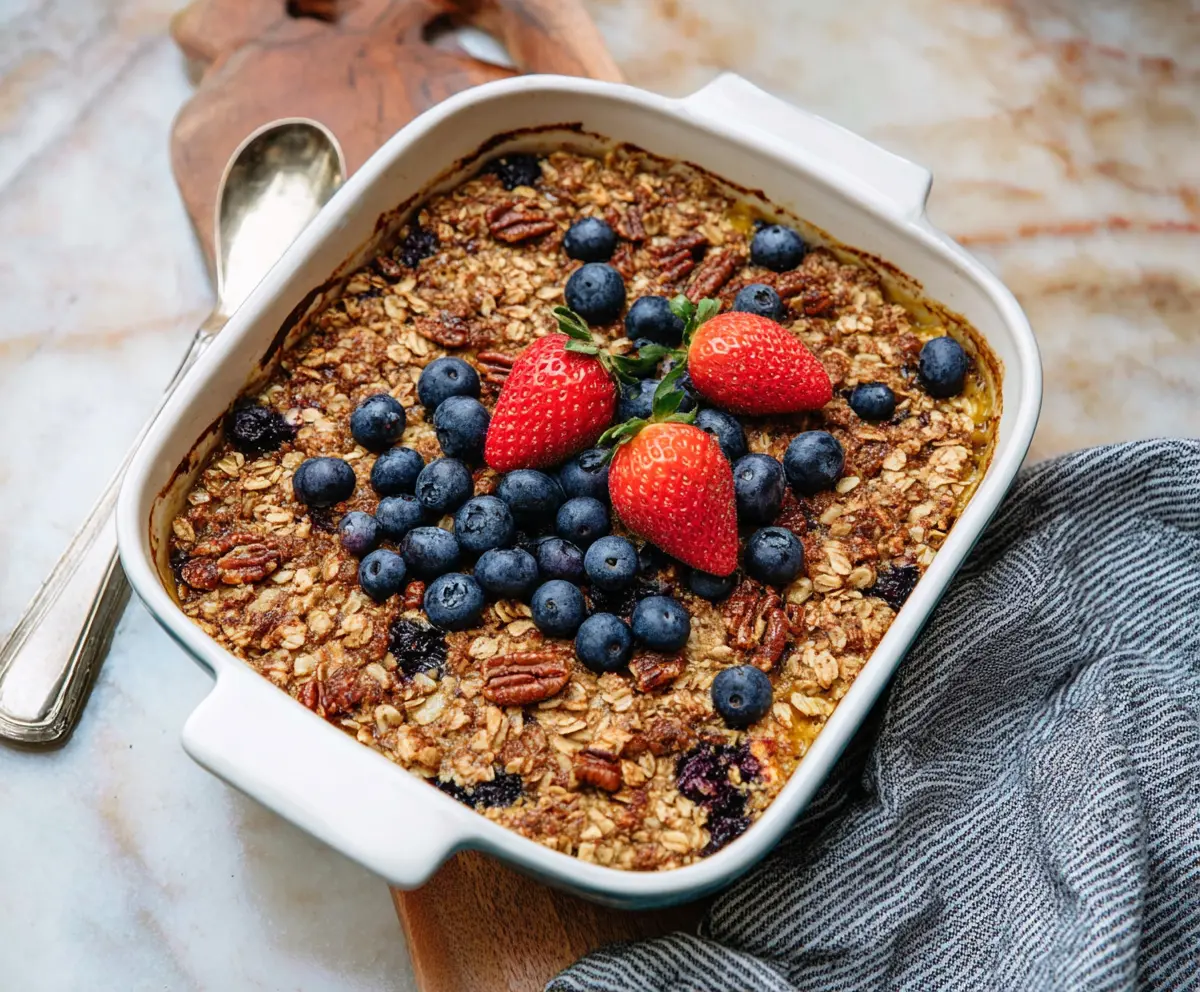 Delicious baked breakfast oatmeal topped with fresh berries and nuts in a bright kitchen setting