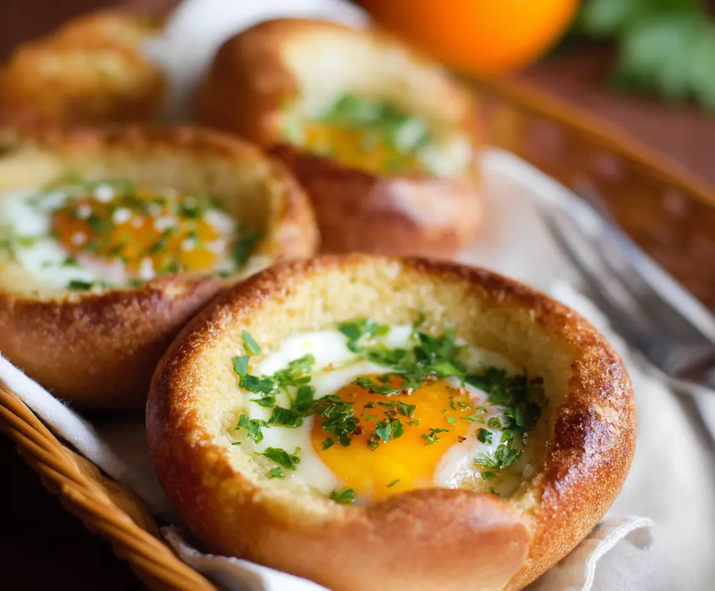 Delicious baked eggs served in a toasted bread basket for breakfast.