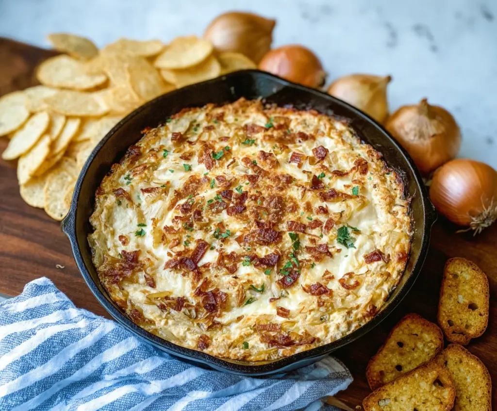 Delicious baked French onion dip served in a bowl with crispy chips on the side.