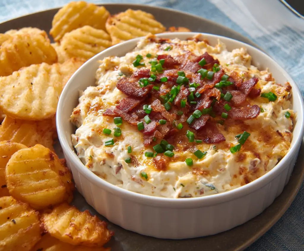 Creamy baked potato dip served in a bowl with fresh herbs, perfect for parties and snacks.