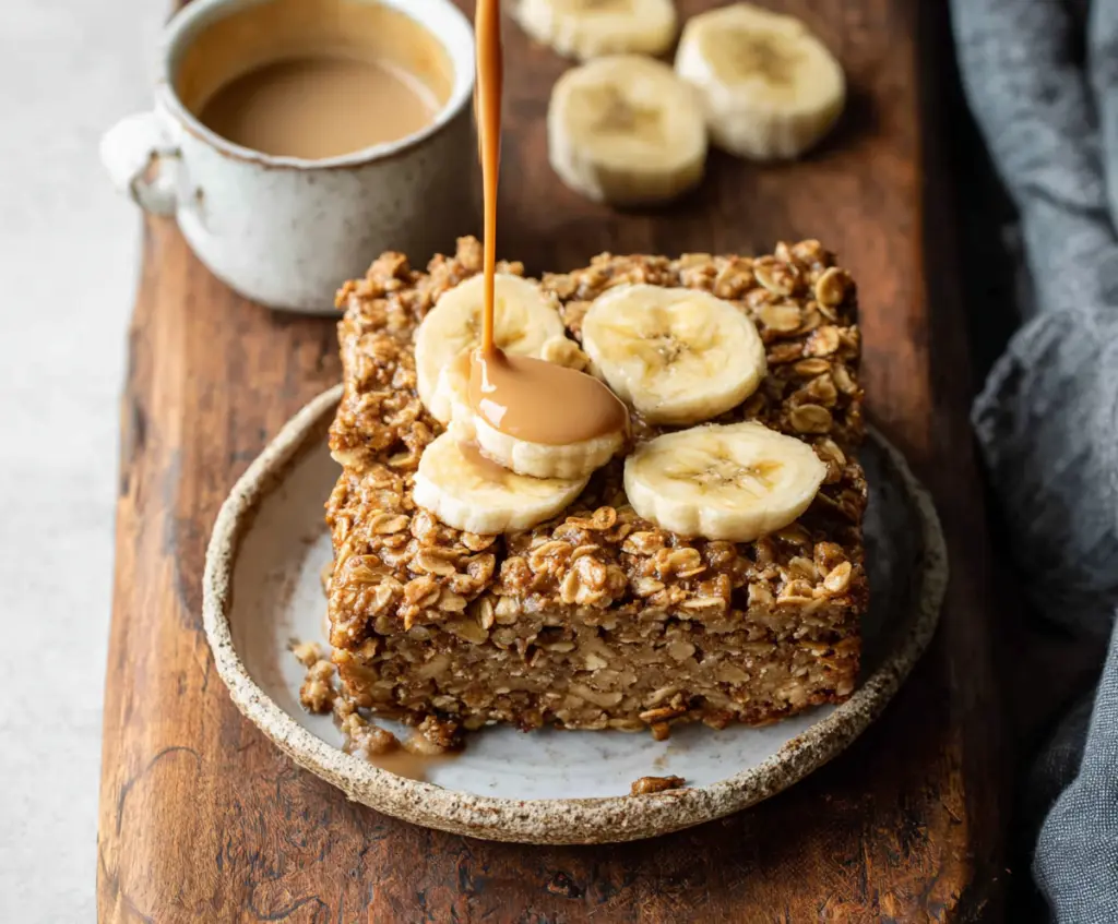 Delicious banana bread baked oatmeal in a bowl, topped with banana slices and nuts.
