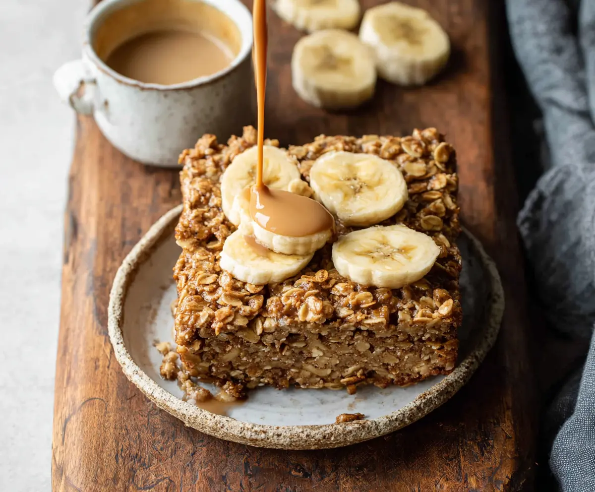 Delicious banana bread baked oatmeal in a bowl, topped with banana slices and nuts.