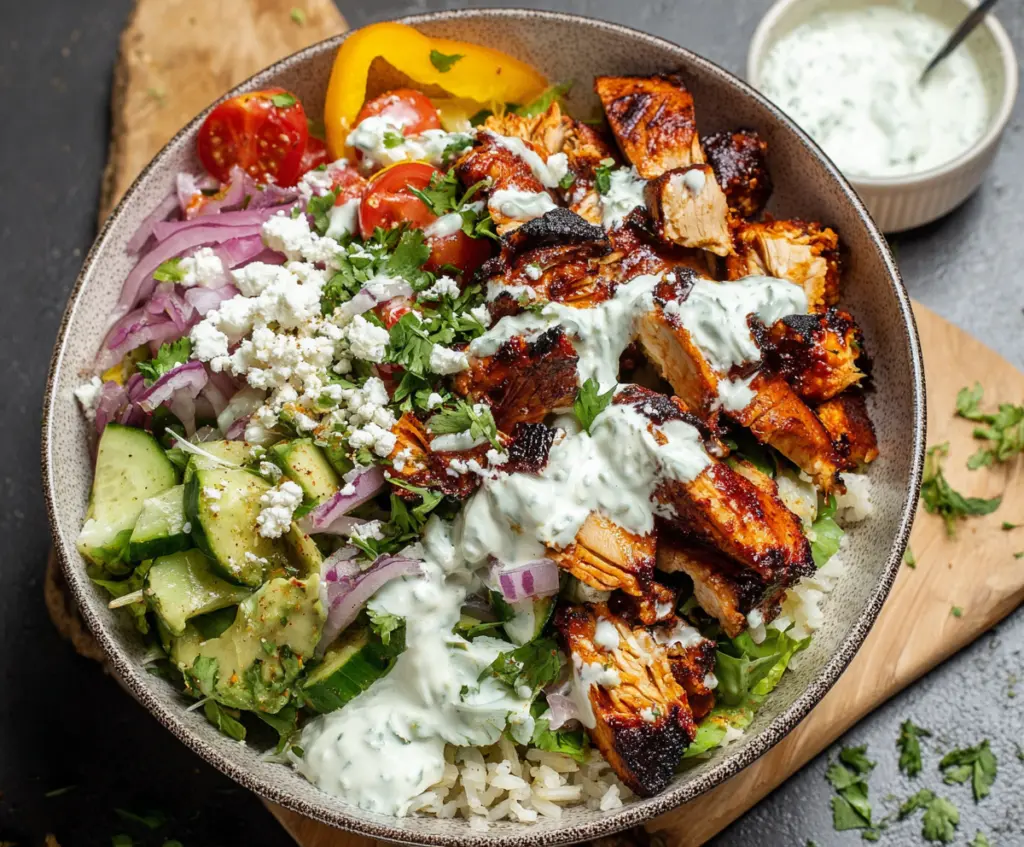 Delicious BBQ Chicken Cottage Cheese Bowl served with fresh vegetables and herbs