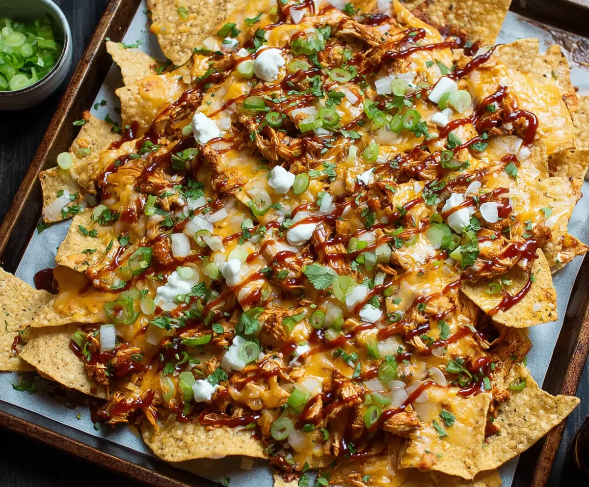 Delicious BBQ Chicken Nachos topped with melted cheese, jalapenos, and fresh herbs.