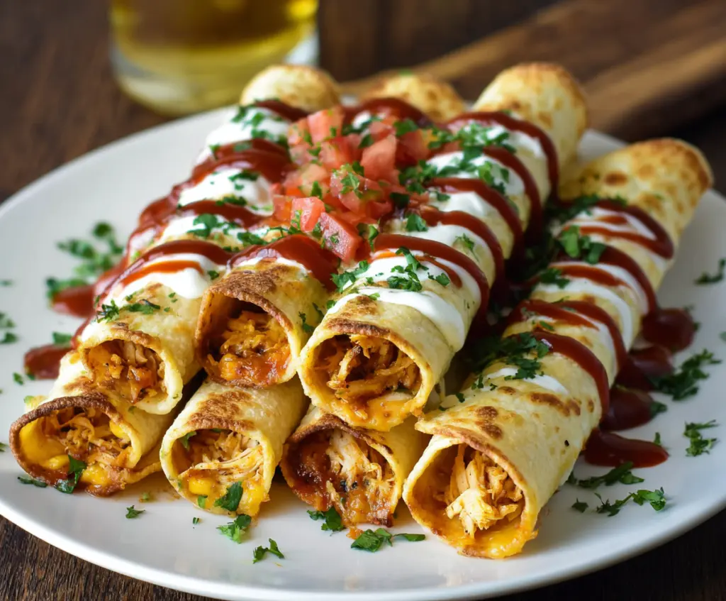 Craving flavorful BBQ Chicken Taquitos served with salsa and sour cream on a white plate.