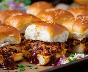 Delicious BBQ pulled pork sliders served on soft Hawaiian rolls, perfect for parties or casual gatherings.
