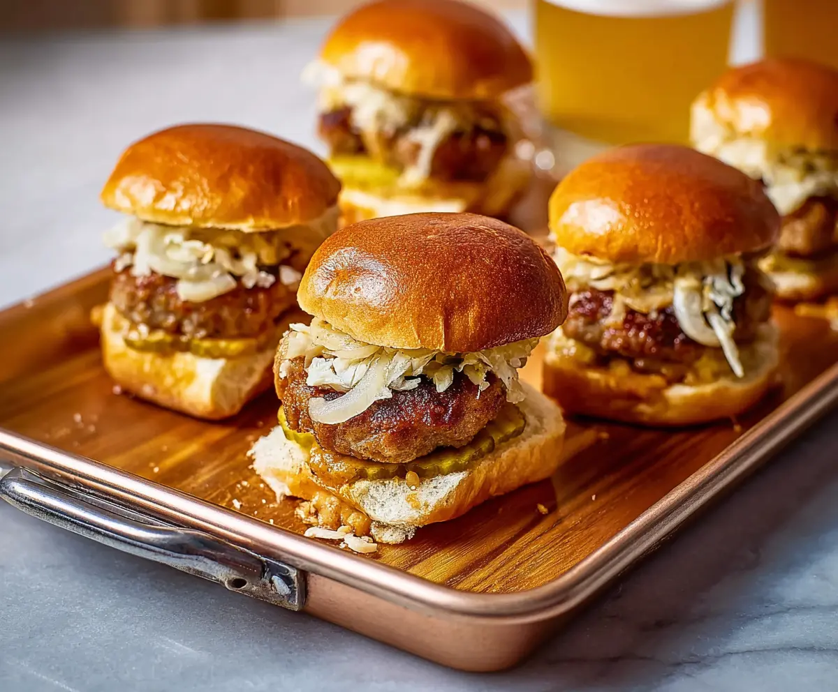 Delicious Beer Brat Sliders with melted cheese and caramelized onions on a plate