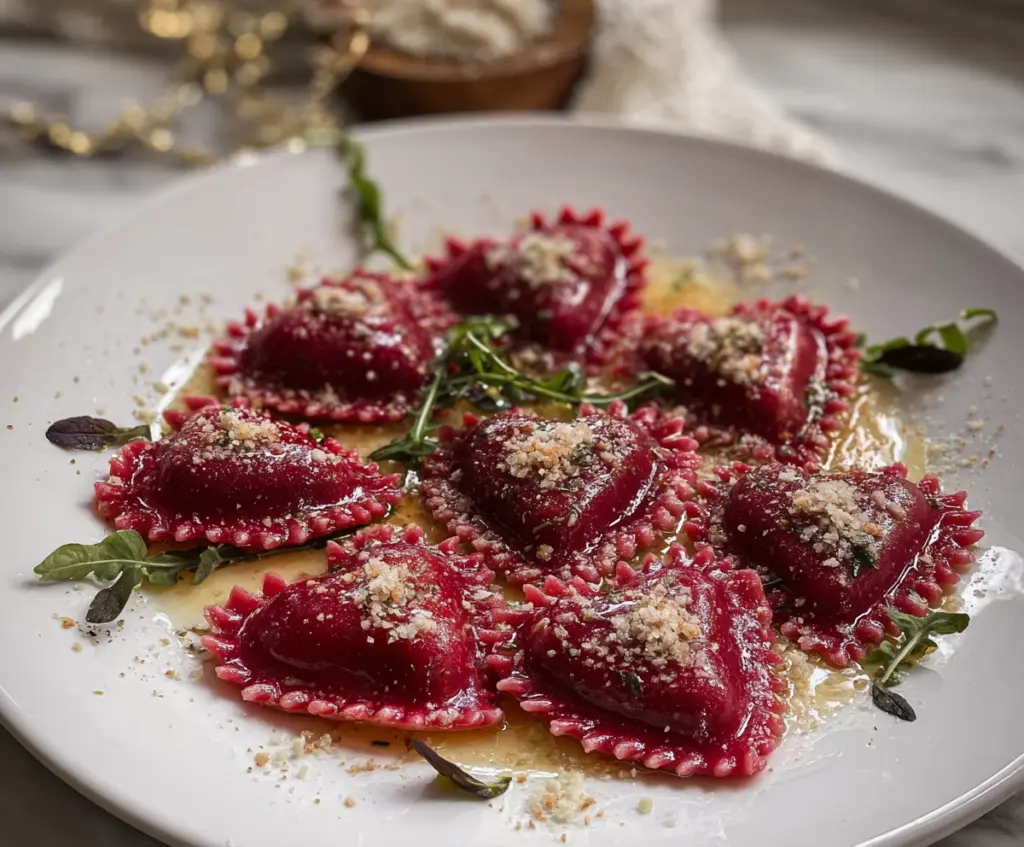 Delicious beet heart ravioli with vibrant red filling served on a rustic plate