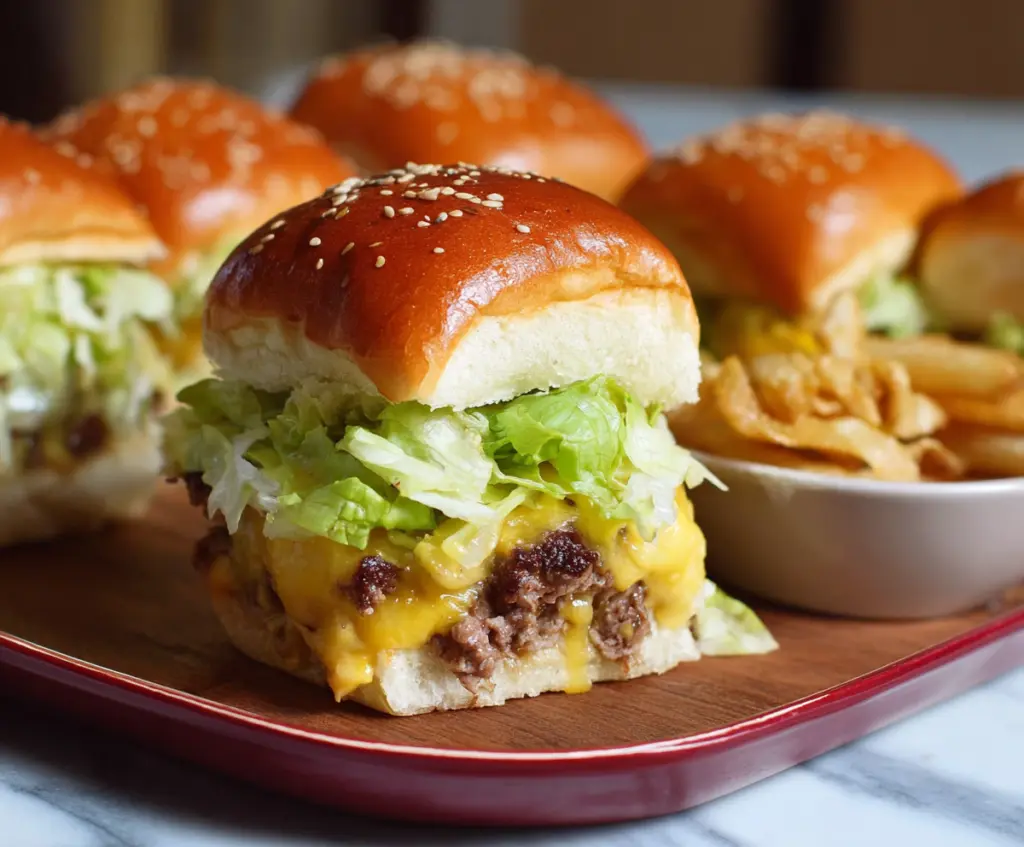 Delicious Big Mac Cheeseburger Sliders with layers of juicy beef, melted cheese, and fresh toppings