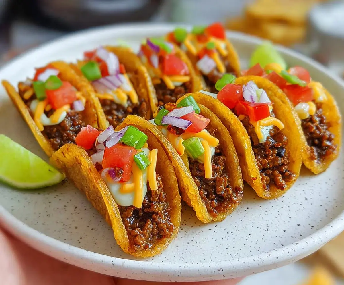 Delicious bite-sized mini tacos with fresh toppings on a white plate.